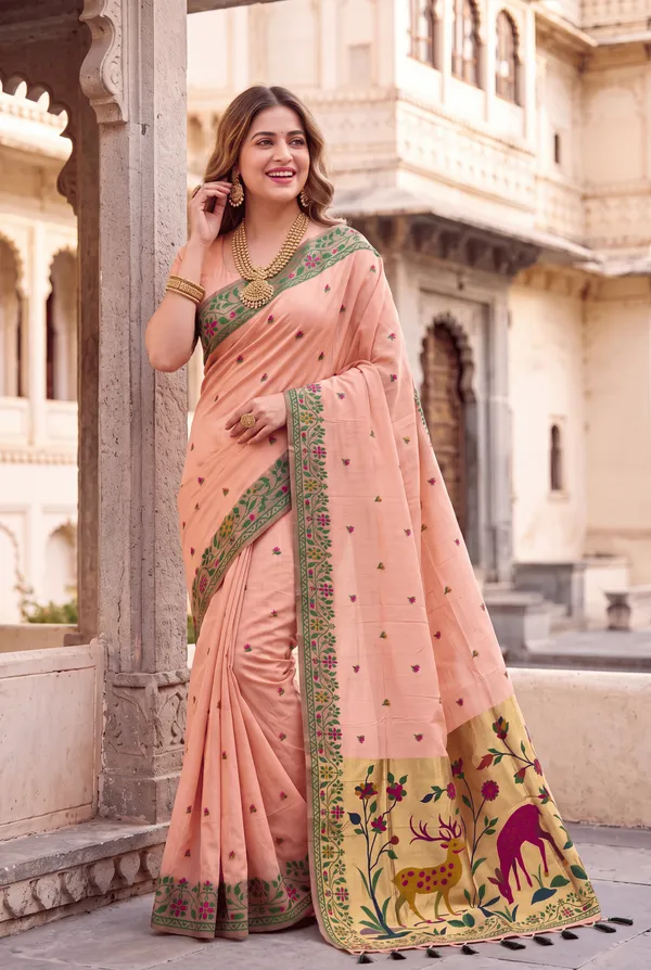 Premium_Soft_Muga_Cotton_Paithani_sarees_with_Beautiful_Colourfull_3D_Woven_Zari_Deer_Design_Pallu_With_Attractive_All_Over_Resham_Weaving_Butti_Design_With_Zari_Weaving_Border_And_Resham_Weaving_Border_Blouse_With_Fancy_Tassels