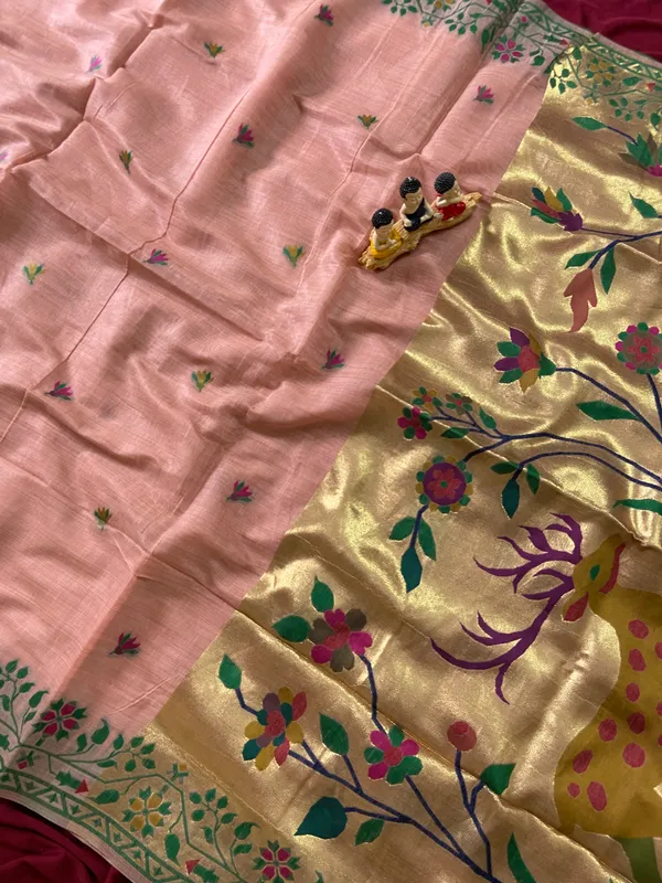 Premium_Soft_Muga_Cotton_Paithani_sarees_with_Beautiful_Colourfull_3D_Woven_Zari_Deer_Design_Pallu_With_Attractive_All_Over_Resham_Weaving_Butti_Design_With_Zari_Weaving_Border_And_Resham_Weaving_Border_Blouse_With_Fancy_Tassels