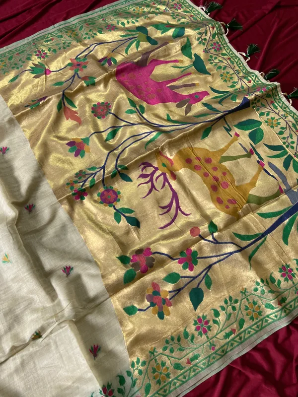 Premium_Soft_Muga_Cotton_Paithani_sarees_with_Beautiful_Colourfull_3D_Woven_Zari_Deer_Design_Pallu_With_Attractive_All_Over_Resham_Weaving_Butti_Design_With_Zari_Weaving_Border_And_Resham_Weaving_Border_Blouse_With_Fancy_Tassels