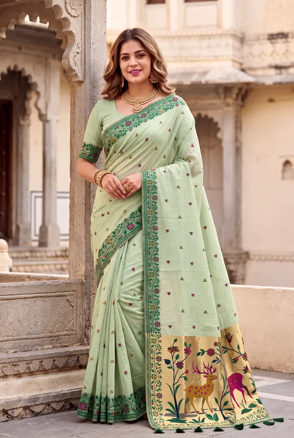 Premium_Soft_Muga_Cotton_Paithani_sarees_with_Beautiful_Colourfull_3D_Woven_Zari_Deer_Design_Pallu_With_Attractive_All_Over_Resham_Weaving_Butti_Design_With_Zari_Weaving_Border_And_Resham_Weaving_Border_Blouse_With_Fancy_Tassels