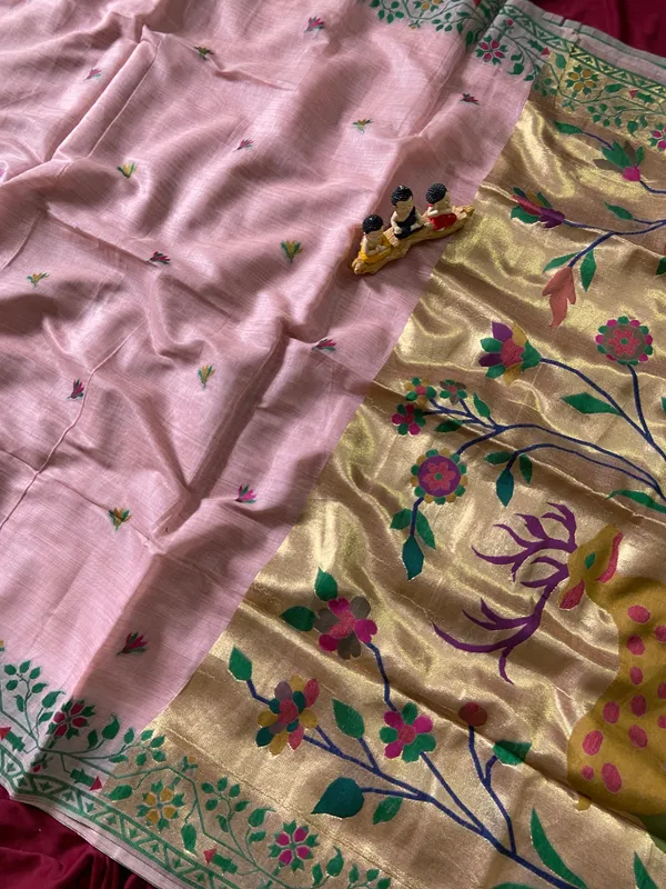 Premium_Soft_Muga_Cotton_Paithani_sarees_with_Beautiful_Colourfull_3D_Woven_Zari_Deer_Design_Pallu_With_Attractive_All_Over_Resham_Weaving_Butti_Design_With_Zari_Weaving_Border_And_Resham_Weaving_Border_Blouse_With_Fancy_Tassels