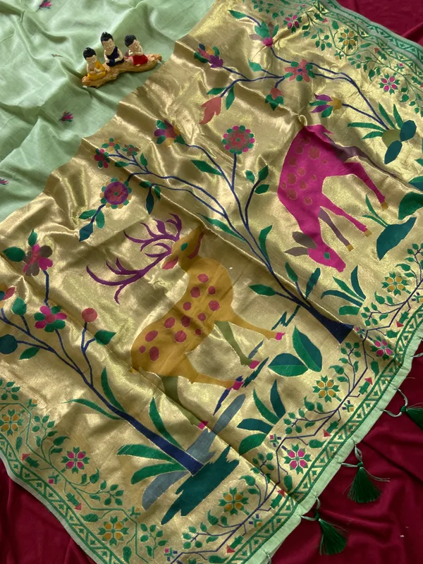 Premium_Soft_Muga_Cotton_Paithani_sarees_with_Beautiful_Colourfull_3D_Woven_Zari_Deer_Design_Pallu_With_Attractive_All_Over_Resham_Weaving_Butti_Design_With_Zari_Weaving_Border_And_Resham_Weaving_Border_Blouse_With_Fancy_Tassels