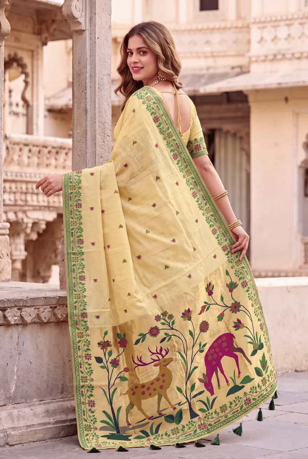 Premium_Soft_Muga_Cotton_Paithani_sarees_with_Beautiful_Colourfull_3D_Woven_Zari_Deer_Design_Pallu_With_Attractive_All_Over_Resham_Weaving_Butti_Design_With_Zari_Weaving_Border_And_Resham_Weaving_Border_Blouse_With_Fancy_Tassels