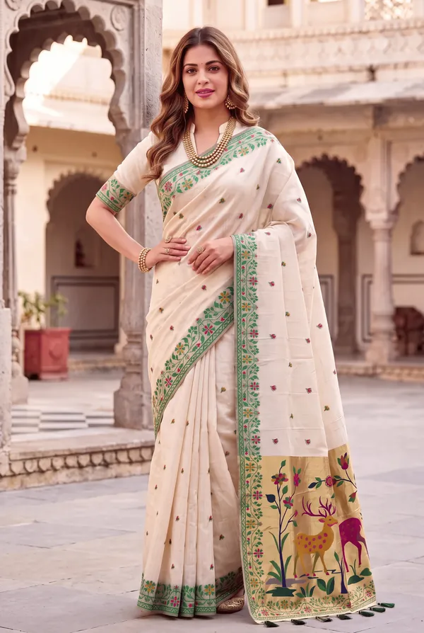 Premium_Soft_Muga_Cotton_Paithani_sarees_with_Beautiful_Colourfull_3D_Woven_Zari_Deer_Design_Pallu_With_Attractive_All_Over_Resham_Weaving_Butti_Design_With_Zari_Weaving_Border_And_Resham_Weaving_Border_Blouse_With_Fancy_Tassels