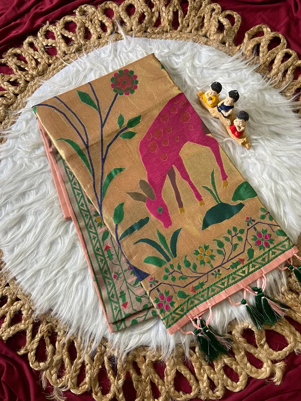 Premium_Soft_Muga_Cotton_Paithani_sarees_with_Beautiful_Colourfull_3D_Woven_Zari_Deer_Design_Pallu_With_Attractive_All_Over_Resham_Weaving_Butti_Design_With_Zari_Weaving_Border_And_Resham_Weaving_Border_Blouse_With_Fancy_Tassels
