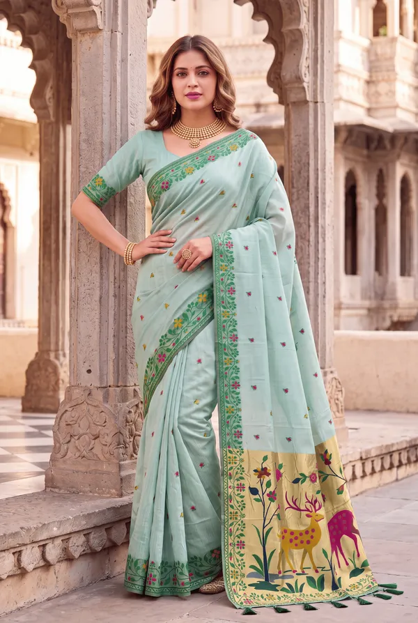 Premium_Soft_Muga_Cotton_Paithani_sarees_with_Beautiful_Colourfull_3D_Woven_Zari_Deer_Design_Pallu_With_Attractive_All_Over_Resham_Weaving_Butti_Design_With_Zari_Weaving_Border_And_Resham_Weaving_Border_Blouse_With_Fancy_Tassels
