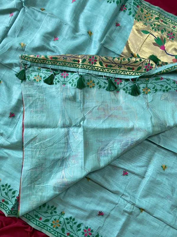 Premium_Soft_Muga_Cotton_Paithani_sarees_with_Beautiful_Colourfull_3D_Woven_Zari_Deer_Design_Pallu_With_Attractive_All_Over_Resham_Weaving_Butti_Design_With_Zari_Weaving_Border_And_Resham_Weaving_Border_Blouse_With_Fancy_Tassels
