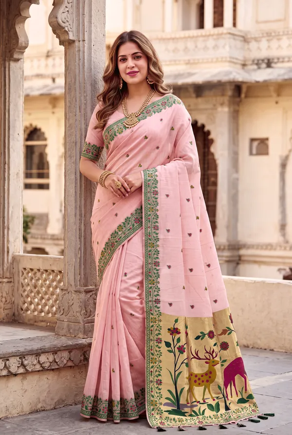 Premium_Soft_Muga_Cotton_Paithani_sarees_with_Beautiful_Colourfull_3D_Woven_Zari_Deer_Design_Pallu_With_Attractive_All_Over_Resham_Weaving_Butti_Design_With_Zari_Weaving_Border_And_Resham_Weaving_Border_Blouse_With_Fancy_Tassels
