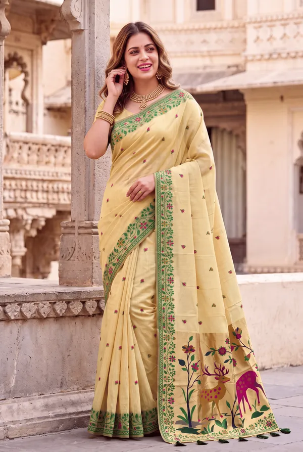 Premium_Soft_Muga_Cotton_Paithani_sarees_with_Beautiful_Colourfull_3D_Woven_Zari_Deer_Design_Pallu_With_Attractive_All_Over_Resham_Weaving_Butti_Design_With_Zari_Weaving_Border_And_Resham_Weaving_Border_Blouse_With_Fancy_Tassels