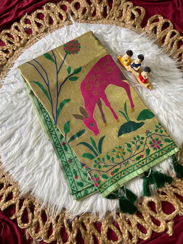 Premium_Soft_Muga_Cotton_Paithani_sarees_with_Beautiful_Colourfull_3D_Woven_Zari_Deer_Design_Pallu_With_Attractive_All_Over_Resham_Weaving_Butti_Design_With_Zari_Weaving_Border_And_Resham_Weaving_Border_Blouse_With_Fancy_Tassels
