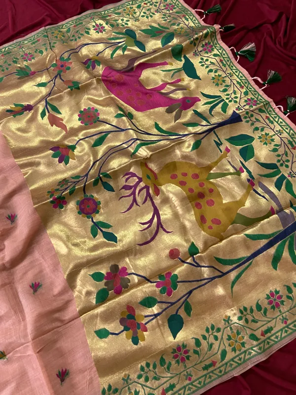 Premium_Soft_Muga_Cotton_Paithani_sarees_with_Beautiful_Colourfull_3D_Woven_Zari_Deer_Design_Pallu_With_Attractive_All_Over_Resham_Weaving_Butti_Design_With_Zari_Weaving_Border_And_Resham_Weaving_Border_Blouse_With_Fancy_Tassels