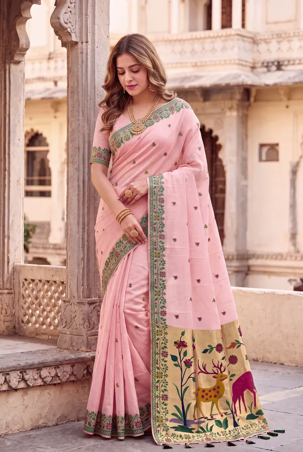 Premium_Soft_Muga_Cotton_Paithani_sarees_with_Beautiful_Colourfull_3D_Woven_Zari_Deer_Design_Pallu_With_Attractive_All_Over_Resham_Weaving_Butti_Design_With_Zari_Weaving_Border_And_Resham_Weaving_Border_Blouse_With_Fancy_Tassels