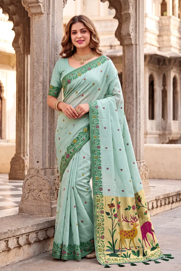 Premium_Soft_Muga_Cotton_Paithani_sarees_with_Beautiful_Colourfull_3D_Woven_Zari_Deer_Design_Pallu_With_Attractive_All_Over_Resham_Weaving_Butti_Design_With_Zari_Weaving_Border_And_Resham_Weaving_Border_Blouse_With_Fancy_Tassels