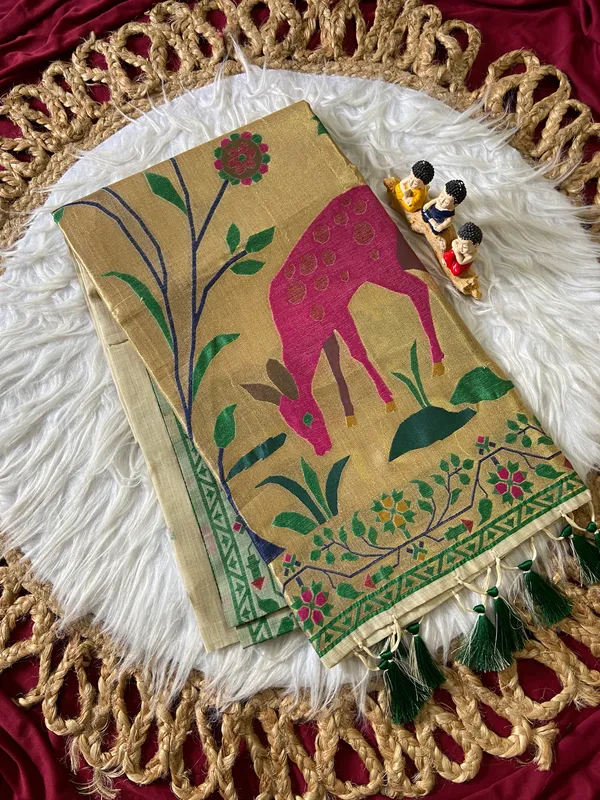 Premium_Soft_Muga_Cotton_Paithani_sarees_with_Beautiful_Colourfull_3D_Woven_Zari_Deer_Design_Pallu_With_Attractive_All_Over_Resham_Weaving_Butti_Design_With_Zari_Weaving_Border_And_Resham_Weaving_Border_Blouse_With_Fancy_Tassels