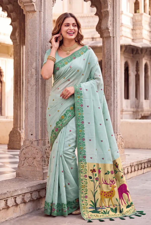 Premium_Soft_Muga_Cotton_Paithani_sarees_with_Beautiful_Colourfull_3D_Woven_Zari_Deer_Design_Pallu_With_Attractive_All_Over_Resham_Weaving_Butti_Design_With_Zari_Weaving_Border_And_Resham_Weaving_Border_Blouse_With_Fancy_Tassels