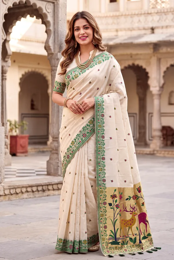 Premium_Soft_Muga_Cotton_Paithani_sarees_with_Beautiful_Colourfull_3D_Woven_Zari_Deer_Design_Pallu_With_Attractive_All_Over_Resham_Weaving_Butti_Design_With_Zari_Weaving_Border_And_Resham_Weaving_Border_Blouse_With_Fancy_Tassels