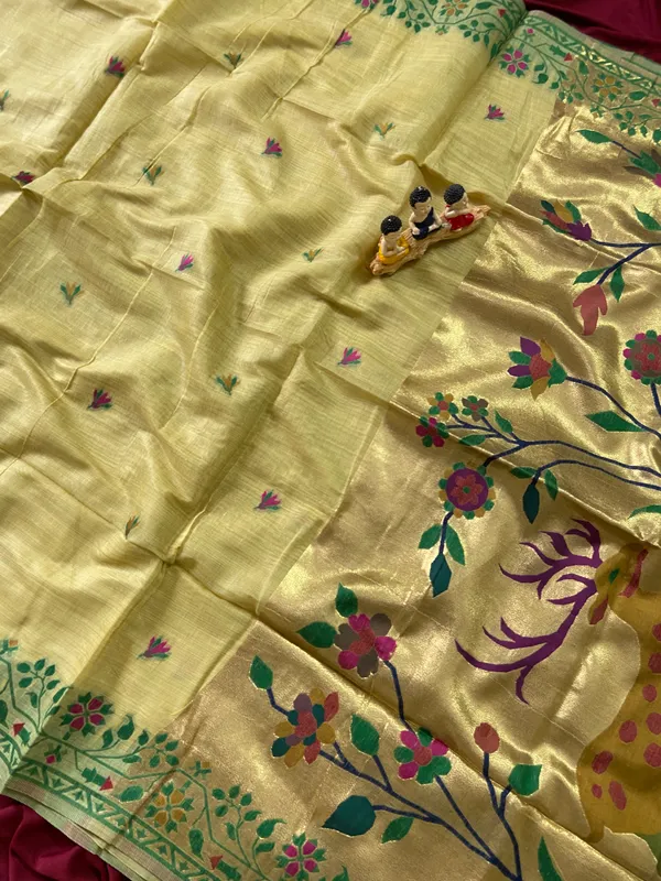 Premium_Soft_Muga_Cotton_Paithani_sarees_with_Beautiful_Colourfull_3D_Woven_Zari_Deer_Design_Pallu_With_Attractive_All_Over_Resham_Weaving_Butti_Design_With_Zari_Weaving_Border_And_Resham_Weaving_Border_Blouse_With_Fancy_Tassels