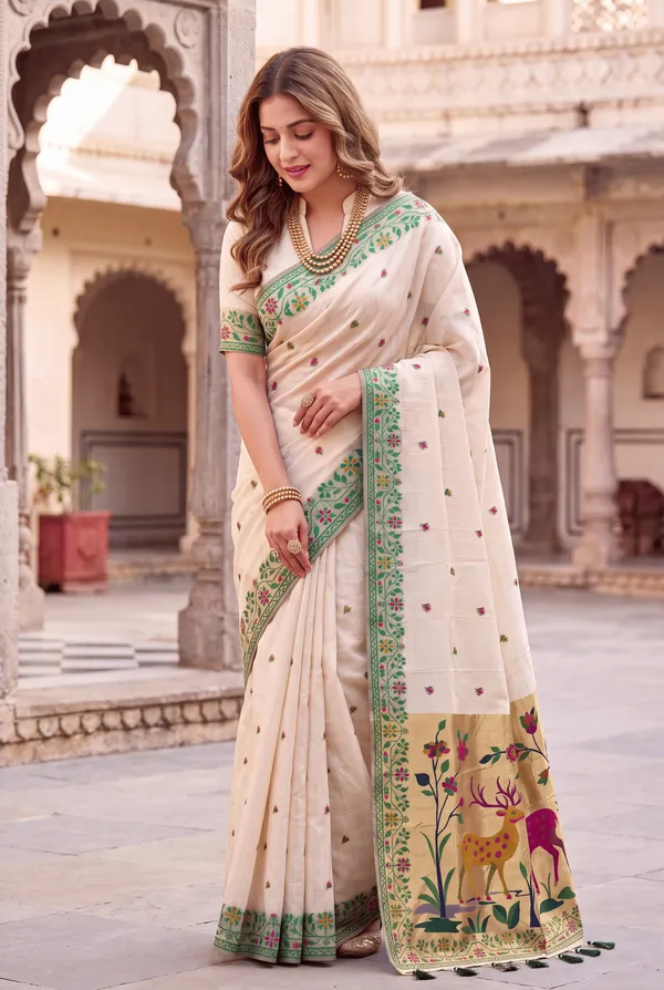 Premium_Soft_Muga_Cotton_Paithani_sarees_with_Beautiful_Colourfull_3D_Woven_Zari_Deer_Design_Pallu_With_Attractive_All_Over_Resham_Weaving_Butti_Design_With_Zari_Weaving_Border_And_Resham_Weaving_Border_Blouse_With_Fancy_Tassels