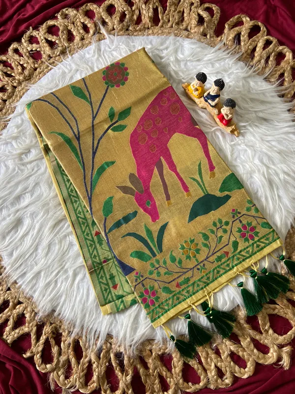 Premium_Soft_Muga_Cotton_Paithani_sarees_with_Beautiful_Colourfull_3D_Woven_Zari_Deer_Design_Pallu_With_Attractive_All_Over_Resham_Weaving_Butti_Design_With_Zari_Weaving_Border_And_Resham_Weaving_Border_Blouse_With_Fancy_Tassels