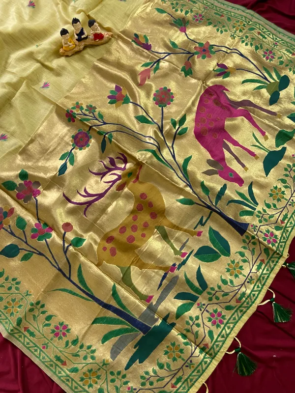 Premium_Soft_Muga_Cotton_Paithani_sarees_with_Beautiful_Colourfull_3D_Woven_Zari_Deer_Design_Pallu_With_Attractive_All_Over_Resham_Weaving_Butti_Design_With_Zari_Weaving_Border_And_Resham_Weaving_Border_Blouse_With_Fancy_Tassels