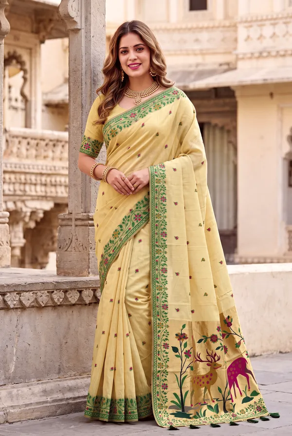 Premium_Soft_Muga_Cotton_Paithani_sarees_with_Beautiful_Colourfull_3D_Woven_Zari_Deer_Design_Pallu_With_Attractive_All_Over_Resham_Weaving_Butti_Design_With_Zari_Weaving_Border_And_Resham_Weaving_Border_Blouse_With_Fancy_Tassels