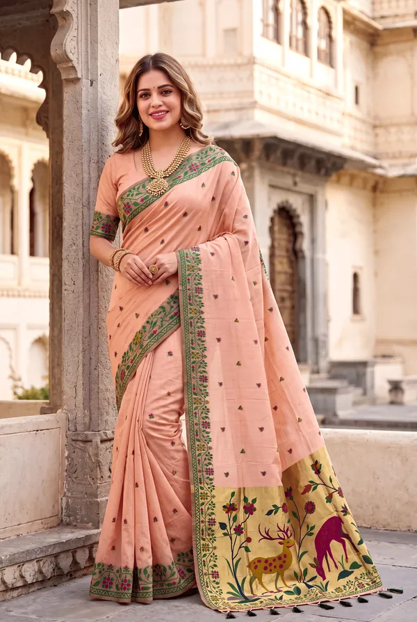 Premium_Soft_Muga_Cotton_Paithani_sarees_with_Beautiful_Colourfull_3D_Woven_Zari_Deer_Design_Pallu_With_Attractive_All_Over_Resham_Weaving_Butti_Design_With_Zari_Weaving_Border_And_Resham_Weaving_Border_Blouse_With_Fancy_Tassels