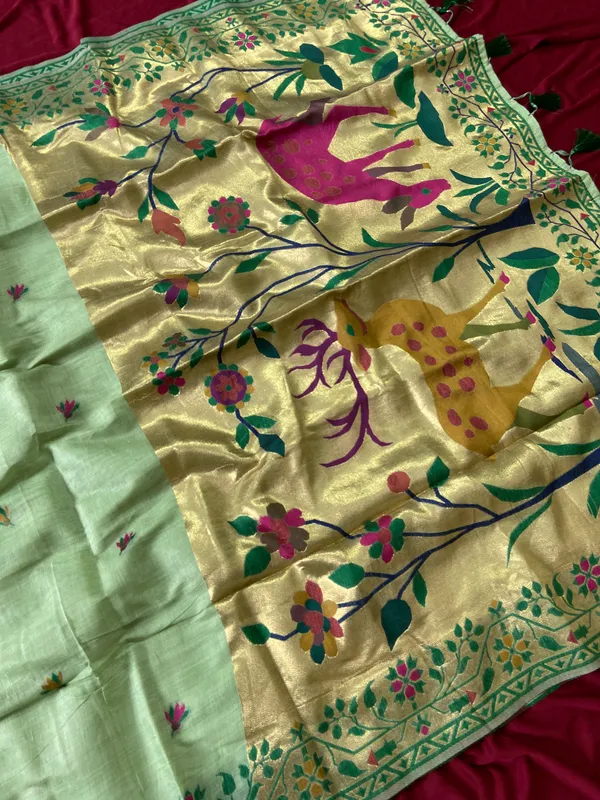 Premium_Soft_Muga_Cotton_Paithani_sarees_with_Beautiful_Colourfull_3D_Woven_Zari_Deer_Design_Pallu_With_Attractive_All_Over_Resham_Weaving_Butti_Design_With_Zari_Weaving_Border_And_Resham_Weaving_Border_Blouse_With_Fancy_Tassels