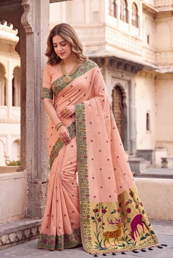 Premium_Soft_Muga_Cotton_Paithani_sarees_with_Beautiful_Colourfull_3D_Woven_Zari_Deer_Design_Pallu_With_Attractive_All_Over_Resham_Weaving_Butti_Design_With_Zari_Weaving_Border_And_Resham_Weaving_Border_Blouse_With_Fancy_Tassels