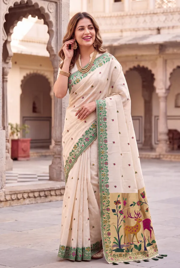 Premium_Soft_Muga_Cotton_Paithani_sarees_with_Beautiful_Colourfull_3D_Woven_Zari_Deer_Design_Pallu_With_Attractive_All_Over_Resham_Weaving_Butti_Design_With_Zari_Weaving_Border_And_Resham_Weaving_Border_Blouse_With_Fancy_Tassels