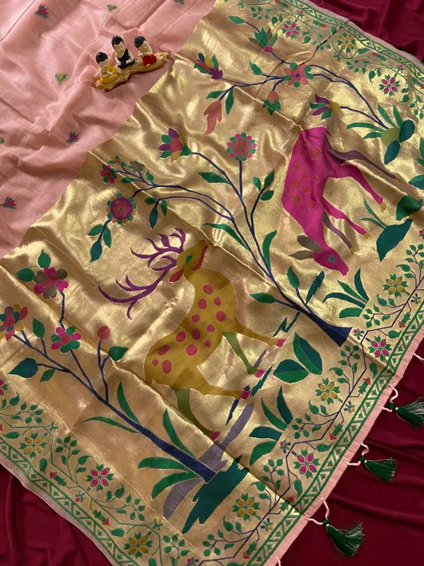 Premium_Soft_Muga_Cotton_Paithani_sarees_with_Beautiful_Colourfull_3D_Woven_Zari_Deer_Design_Pallu_With_Attractive_All_Over_Resham_Weaving_Butti_Design_With_Zari_Weaving_Border_And_Resham_Weaving_Border_Blouse_With_Fancy_Tassels
