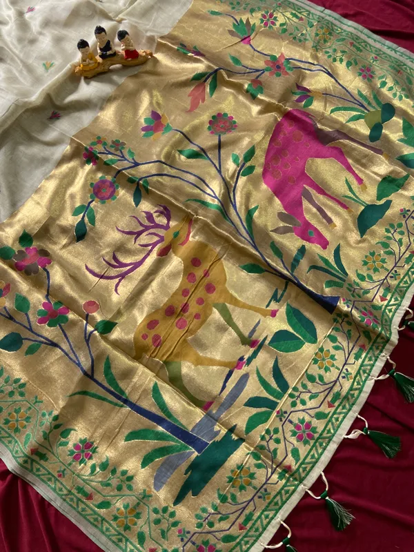 Premium_Soft_Muga_Cotton_Paithani_sarees_with_Beautiful_Colourfull_3D_Woven_Zari_Deer_Design_Pallu_With_Attractive_All_Over_Resham_Weaving_Butti_Design_With_Zari_Weaving_Border_And_Resham_Weaving_Border_Blouse_With_Fancy_Tassels