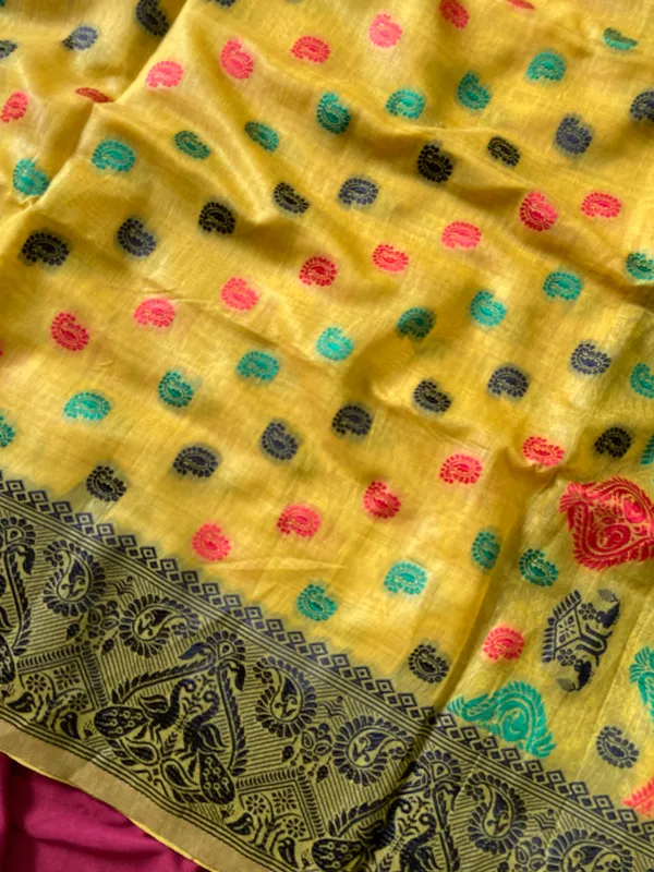 Premium_Soft_Muga_Cotton_Sarees_With_Beautiful_Colourfull_Ganga_Jamuna_Border_Attractive_All_Over_Resham_Weaving_Butti_Design_With_Resham_Weaving_Pallu_And_Resham_Weaving_Blouse_With_Fancy_Tassels