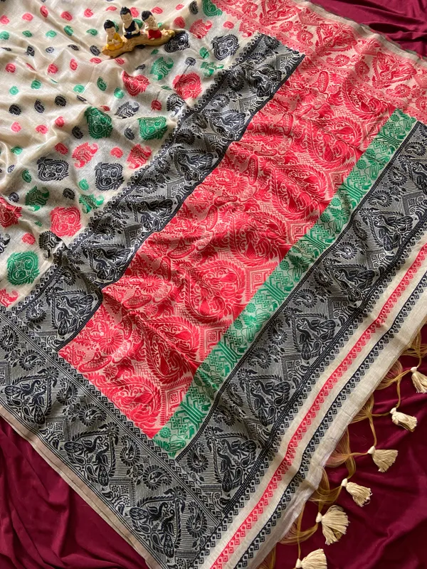 Premium_Soft_Muga_Cotton_Sarees_With_Beautiful_Colourfull_Ganga_Jamuna_Border_Attractive_All_Over_Resham_Weaving_Butti_Design_With_Resham_Weaving_Pallu_And_Resham_Weaving_Blouse_With_Fancy_Tassels
