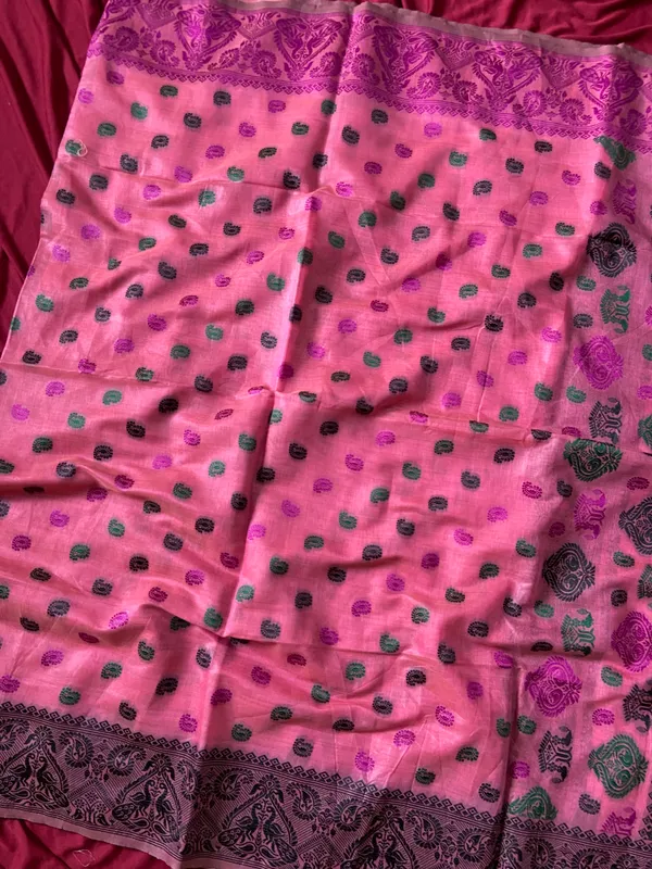 Premium_Soft_Muga_Cotton_Sarees_With_Beautiful_Colourfull_Ganga_Jamuna_Border_Attractive_All_Over_Resham_Weaving_Butti_Design_With_Resham_Weaving_Pallu_And_Resham_Weaving_Blouse_With_Fancy_Tassels