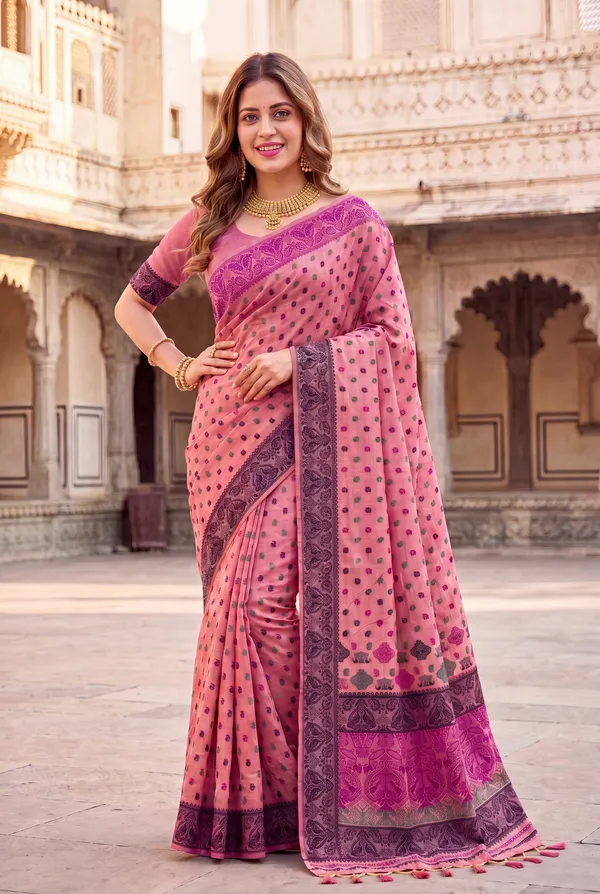 Premium_Soft_Muga_Cotton_Sarees_With_Beautiful_Colourfull_Ganga_Jamuna_Border_Attractive_All_Over_Resham_Weaving_Butti_Design_With_Resham_Weaving_Pallu_And_Resham_Weaving_Blouse_With_Fancy_Tassels