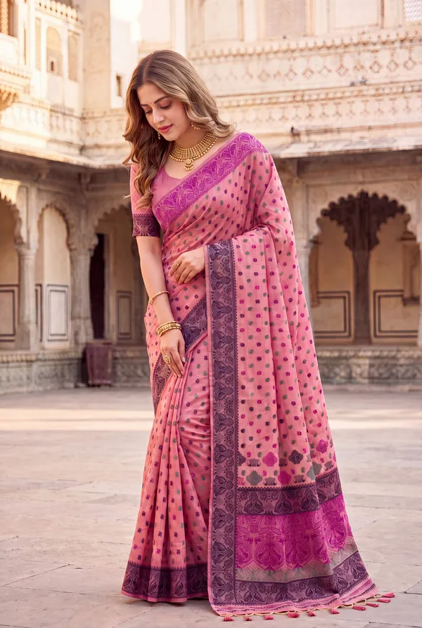Premium_Soft_Muga_Cotton_Sarees_With_Beautiful_Colourfull_Ganga_Jamuna_Border_Attractive_All_Over_Resham_Weaving_Butti_Design_With_Resham_Weaving_Pallu_And_Resham_Weaving_Blouse_With_Fancy_Tassels