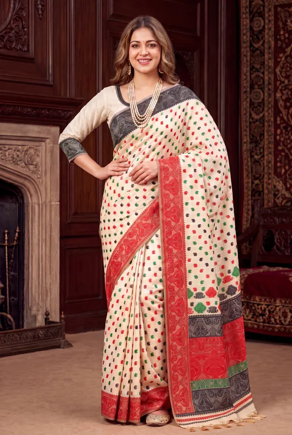 Premium_Soft_Muga_Cotton_Sarees_With_Beautiful_Colourfull_Ganga_Jamuna_Border_Attractive_All_Over_Resham_Weaving_Butti_Design_With_Resham_Weaving_Pallu_And_Resham_Weaving_Blouse_With_Fancy_Tassels