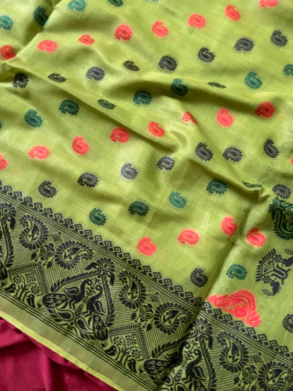 Premium_Soft_Muga_Cotton_Sarees_With_Beautiful_Colourfull_Ganga_Jamuna_Border_Attractive_All_Over_Resham_Weaving_Butti_Design_With_Resham_Weaving_Pallu_And_Resham_Weaving_Blouse_With_Fancy_Tassels