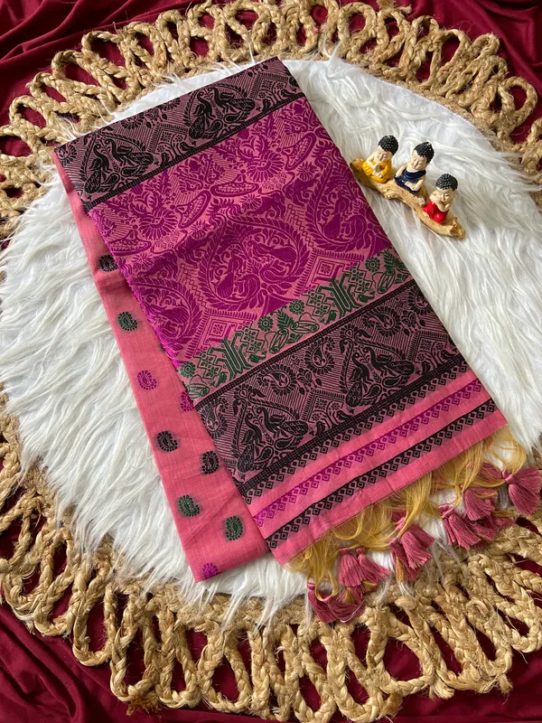 Premium_Soft_Muga_Cotton_Sarees_With_Beautiful_Colourfull_Ganga_Jamuna_Border_Attractive_All_Over_Resham_Weaving_Butti_Design_With_Resham_Weaving_Pallu_And_Resham_Weaving_Blouse_With_Fancy_Tassels