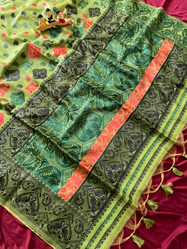 Premium_Soft_Muga_Cotton_Sarees_With_Beautiful_Colourfull_Ganga_Jamuna_Border_Attractive_All_Over_Resham_Weaving_Butti_Design_With_Resham_Weaving_Pallu_And_Resham_Weaving_Blouse_With_Fancy_Tassels