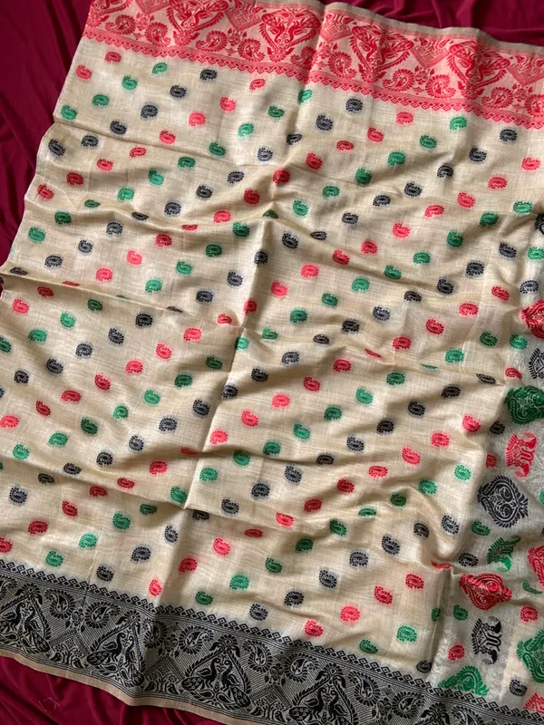 Premium_Soft_Muga_Cotton_Sarees_With_Beautiful_Colourfull_Ganga_Jamuna_Border_Attractive_All_Over_Resham_Weaving_Butti_Design_With_Resham_Weaving_Pallu_And_Resham_Weaving_Blouse_With_Fancy_Tassels