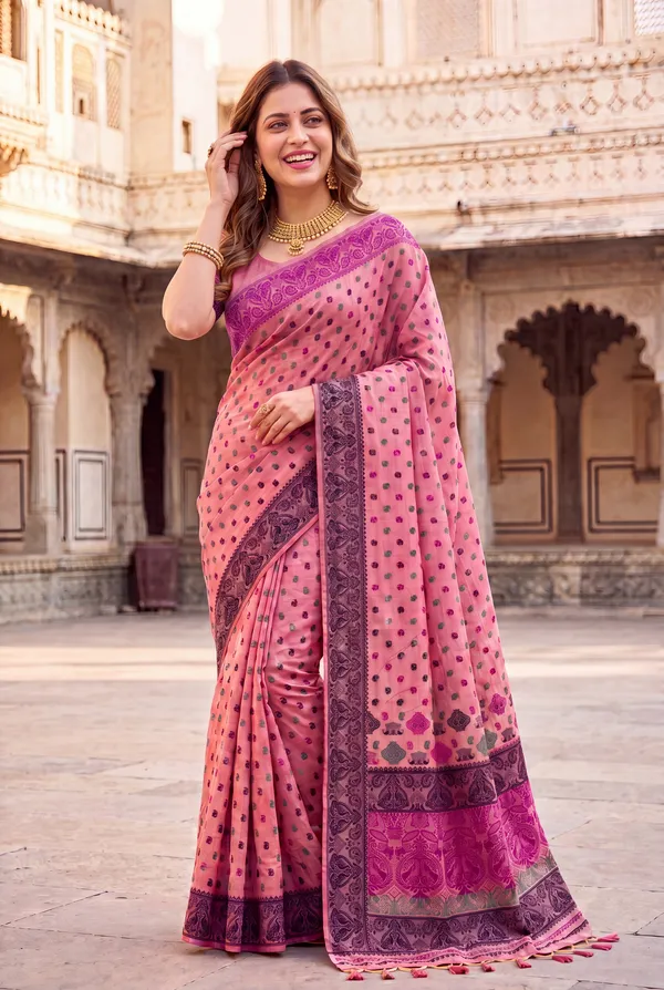 Premium_Soft_Muga_Cotton_Sarees_With_Beautiful_Colourfull_Ganga_Jamuna_Border_Attractive_All_Over_Resham_Weaving_Butti_Design_With_Resham_Weaving_Pallu_And_Resham_Weaving_Blouse_With_Fancy_Tassels