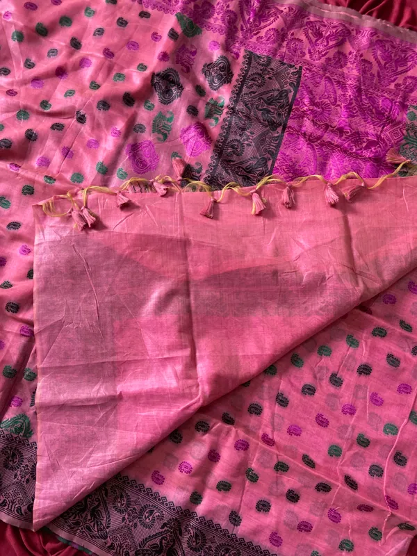 Premium_Soft_Muga_Cotton_Sarees_With_Beautiful_Colourfull_Ganga_Jamuna_Border_Attractive_All_Over_Resham_Weaving_Butti_Design_With_Resham_Weaving_Pallu_And_Resham_Weaving_Blouse_With_Fancy_Tassels