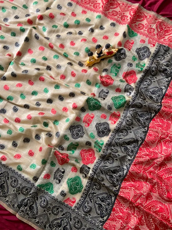 Premium_Soft_Muga_Cotton_Sarees_With_Beautiful_Colourfull_Ganga_Jamuna_Border_Attractive_All_Over_Resham_Weaving_Butti_Design_With_Resham_Weaving_Pallu_And_Resham_Weaving_Blouse_With_Fancy_Tassels