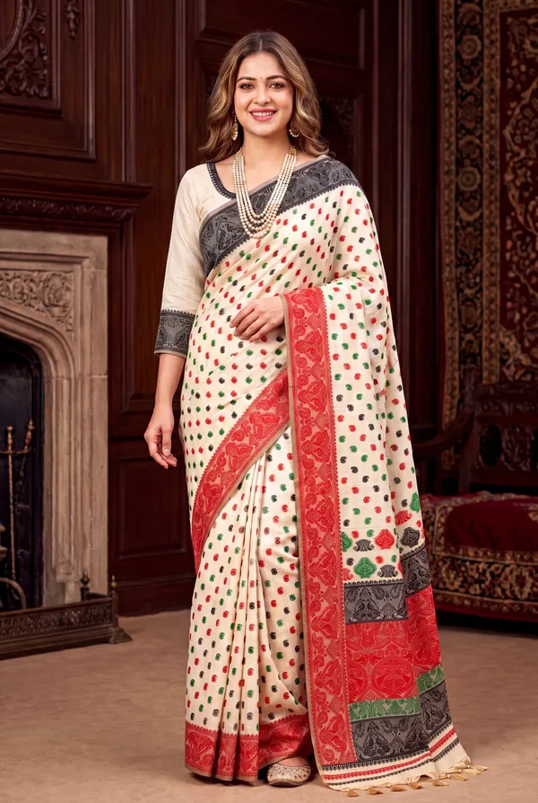Premium_Soft_Muga_Cotton_Sarees_With_Beautiful_Colourfull_Ganga_Jamuna_Border_Attractive_All_Over_Resham_Weaving_Butti_Design_With_Resham_Weaving_Pallu_And_Resham_Weaving_Blouse_With_Fancy_Tassels
