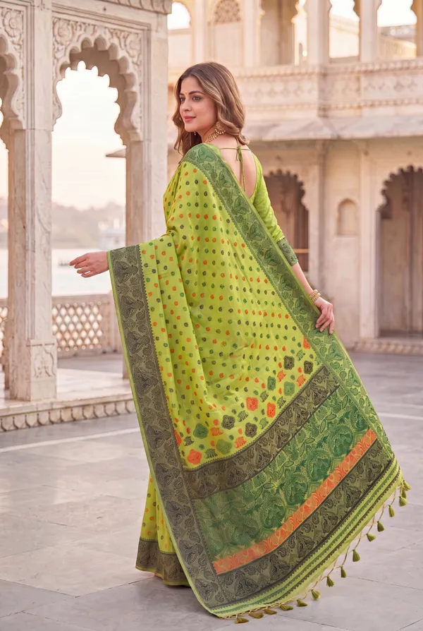 Premium_Soft_Muga_Cotton_Sarees_With_Beautiful_Colourfull_Ganga_Jamuna_Border_Attractive_All_Over_Resham_Weaving_Butti_Design_With_Resham_Weaving_Pallu_And_Resham_Weaving_Blouse_With_Fancy_Tassels