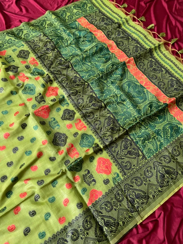 Premium_Soft_Muga_Cotton_Sarees_With_Beautiful_Colourfull_Ganga_Jamuna_Border_Attractive_All_Over_Resham_Weaving_Butti_Design_With_Resham_Weaving_Pallu_And_Resham_Weaving_Blouse_With_Fancy_Tassels