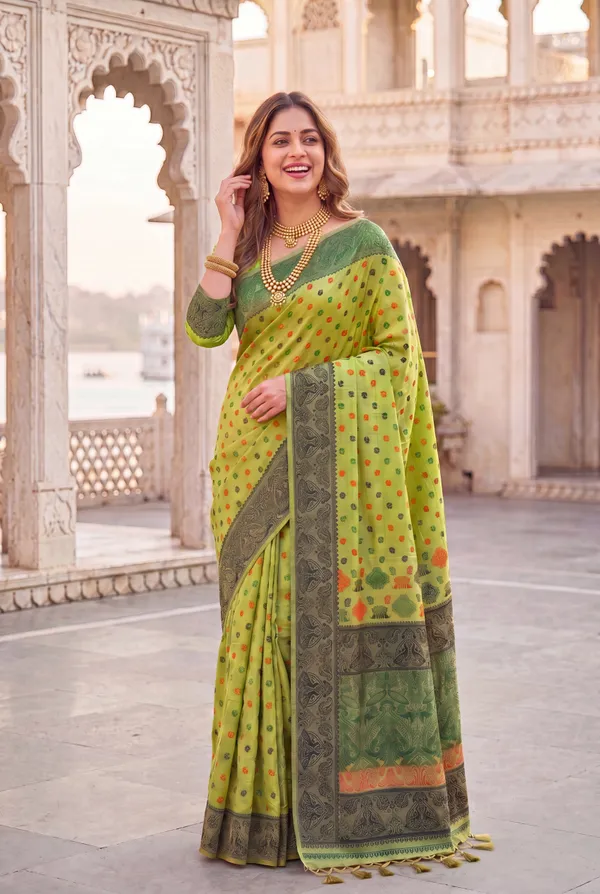 Premium_Soft_Muga_Cotton_Sarees_With_Beautiful_Colourfull_Ganga_Jamuna_Border_Attractive_All_Over_Resham_Weaving_Butti_Design_With_Resham_Weaving_Pallu_And_Resham_Weaving_Blouse_With_Fancy_Tassels