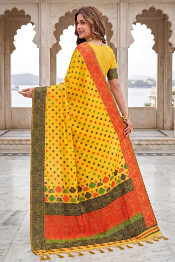 Premium_Soft_Muga_Cotton_Sarees_With_Beautiful_Colourfull_Ganga_Jamuna_Border_Attractive_All_Over_Resham_Weaving_Butti_Design_With_Resham_Weaving_Pallu_And_Resham_Weaving_Blouse_With_Fancy_Tassels