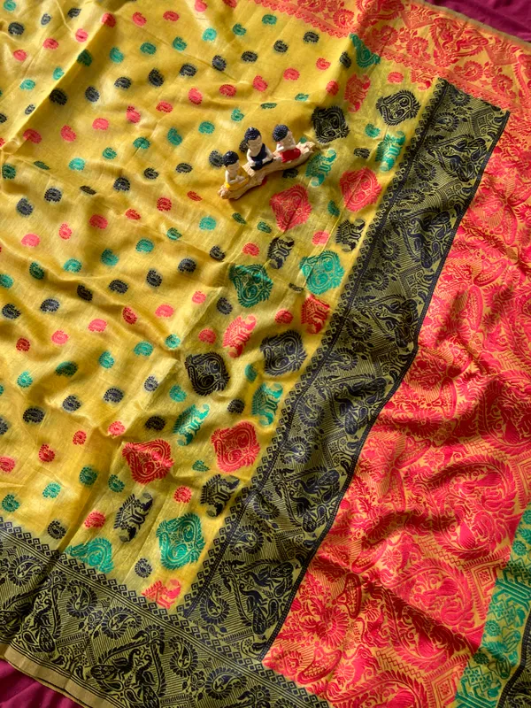 Premium_Soft_Muga_Cotton_Sarees_With_Beautiful_Colourfull_Ganga_Jamuna_Border_Attractive_All_Over_Resham_Weaving_Butti_Design_With_Resham_Weaving_Pallu_And_Resham_Weaving_Blouse_With_Fancy_Tassels
